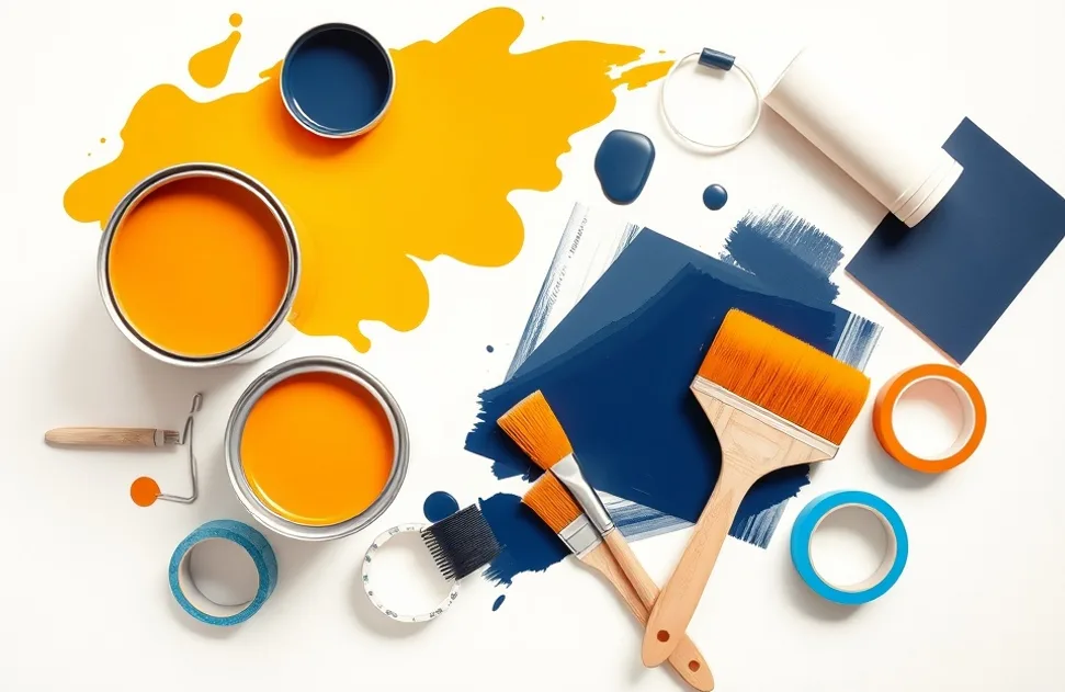 Pots de peinture, nuancier, brosses et rouleaux disposés à plat
