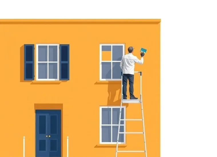 Peintre sur échafaudage traitant la façade d'une maison