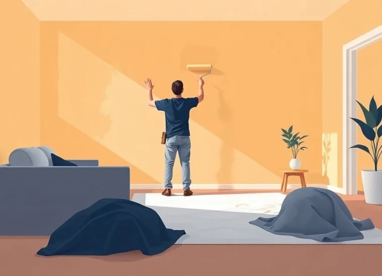 Peintre appliquant la peinture au rouleau sur un mur de salon